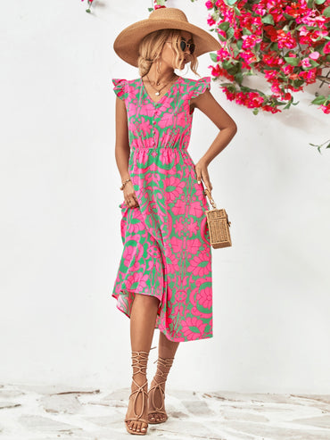 Sleeveless Ruffle Trim Midi Dress – Floral Elegance Meets Everyday Comfort