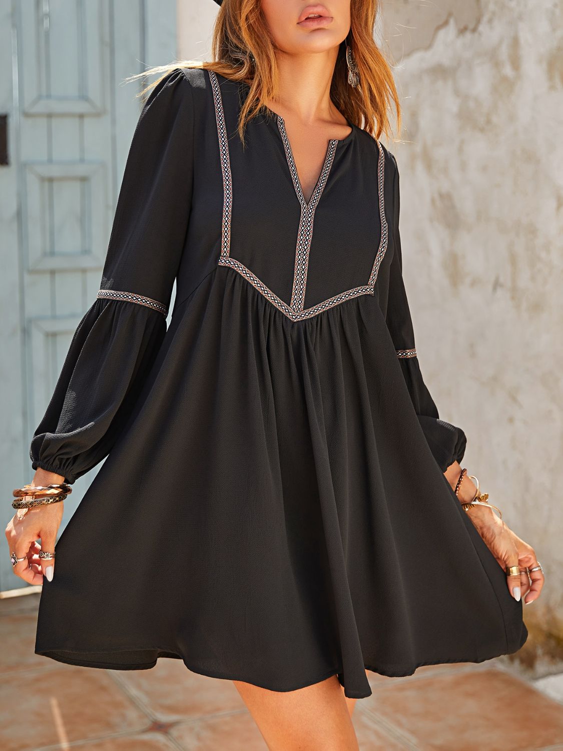 Women's Boho Ruched Long-Sleeve Dress – Black