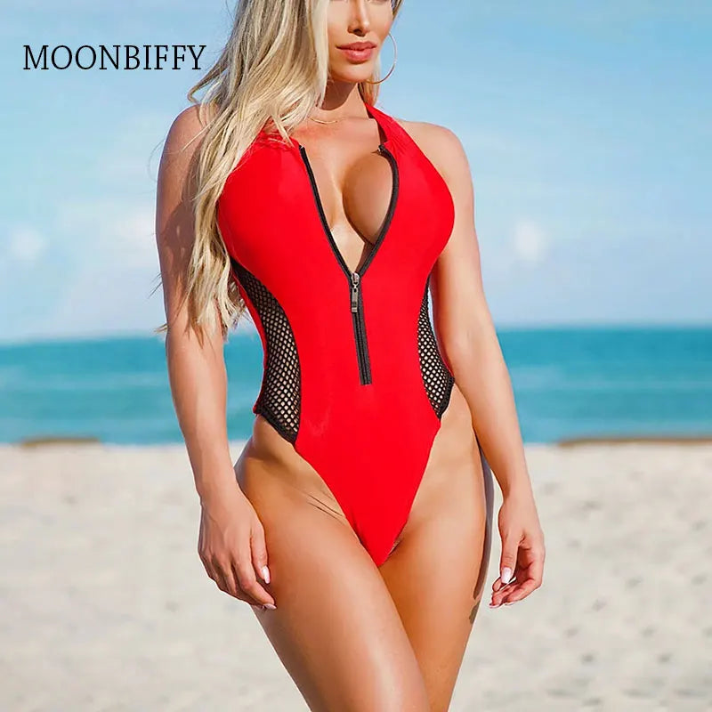 Sexy Mesh Panel Zip-Up One-Piece Swimsuit