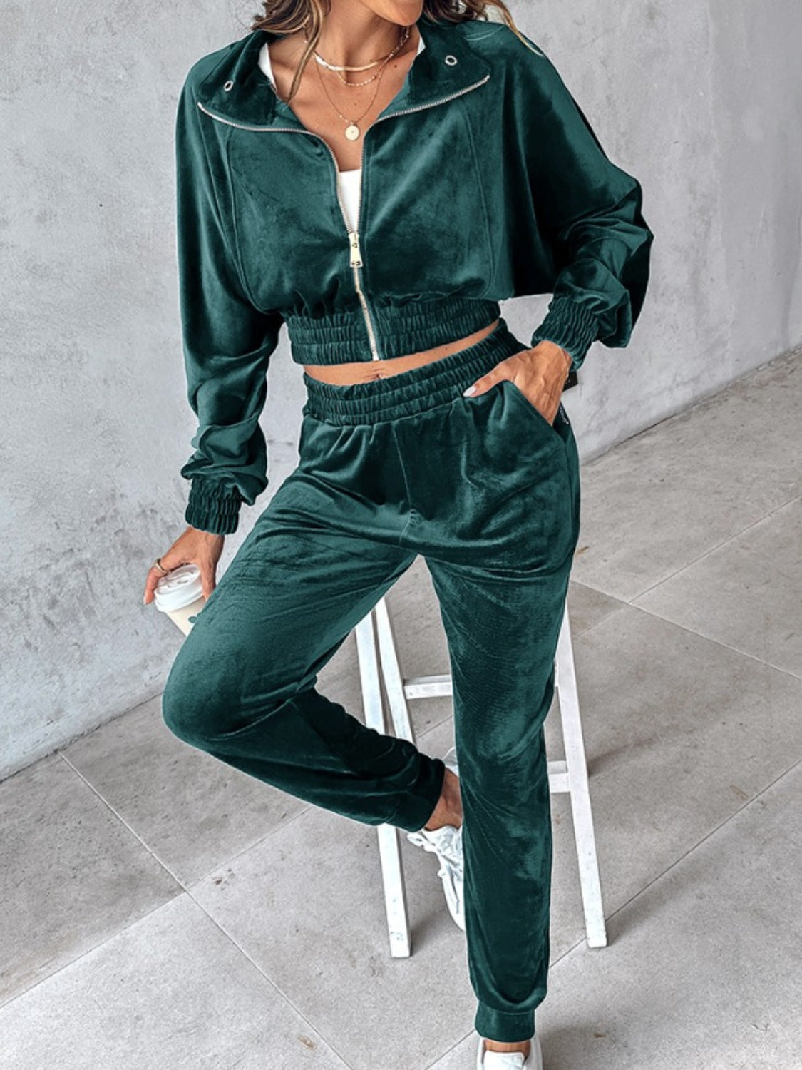 Velvet Two-Piece Jogger Set with Zip-Up Hoodie – Available in Navy, Deep Teal, Black, and Burgundy