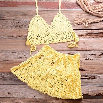 Crochet Halter Top and Skirt Set - Women's Boho Beachwear