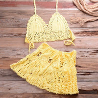 Crochet Halter Top and Skirt Set - Women's Boho Beachwear