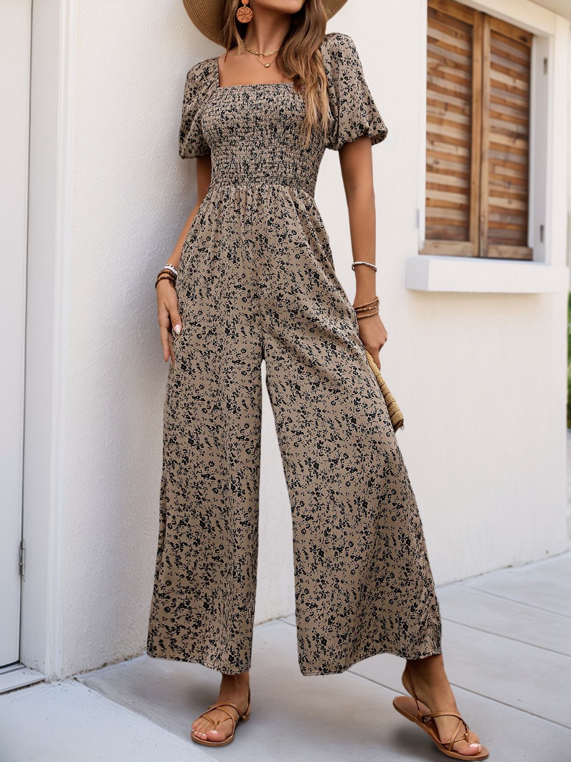 Women’s Smocked Floral Wide-Leg Jumpsuit – Pocketed & Flowy