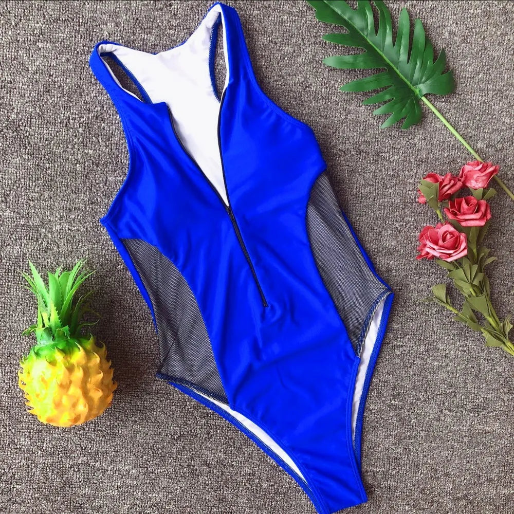 Sexy Mesh Panel Zip-Up One-Piece Swimsuit