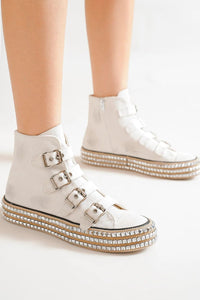 Multi-Buckle Straps Studded Platform Sneakers – Edgy High-Top Canvas Shoes