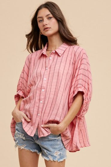 Striped High-Low Button-Up Half Sleeve Shirt