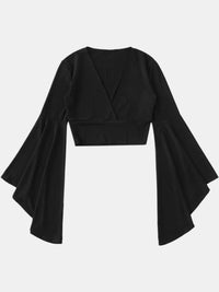 Surplice V-Neck Cropped Top with Ruffled Bell Sleeves – Slightly Stretchy