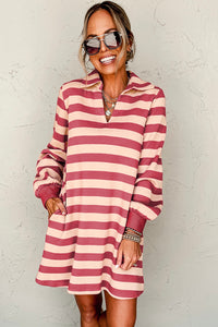 Women's Striped Long-Sleeve Shirt Dress – Black & Dusty Pink