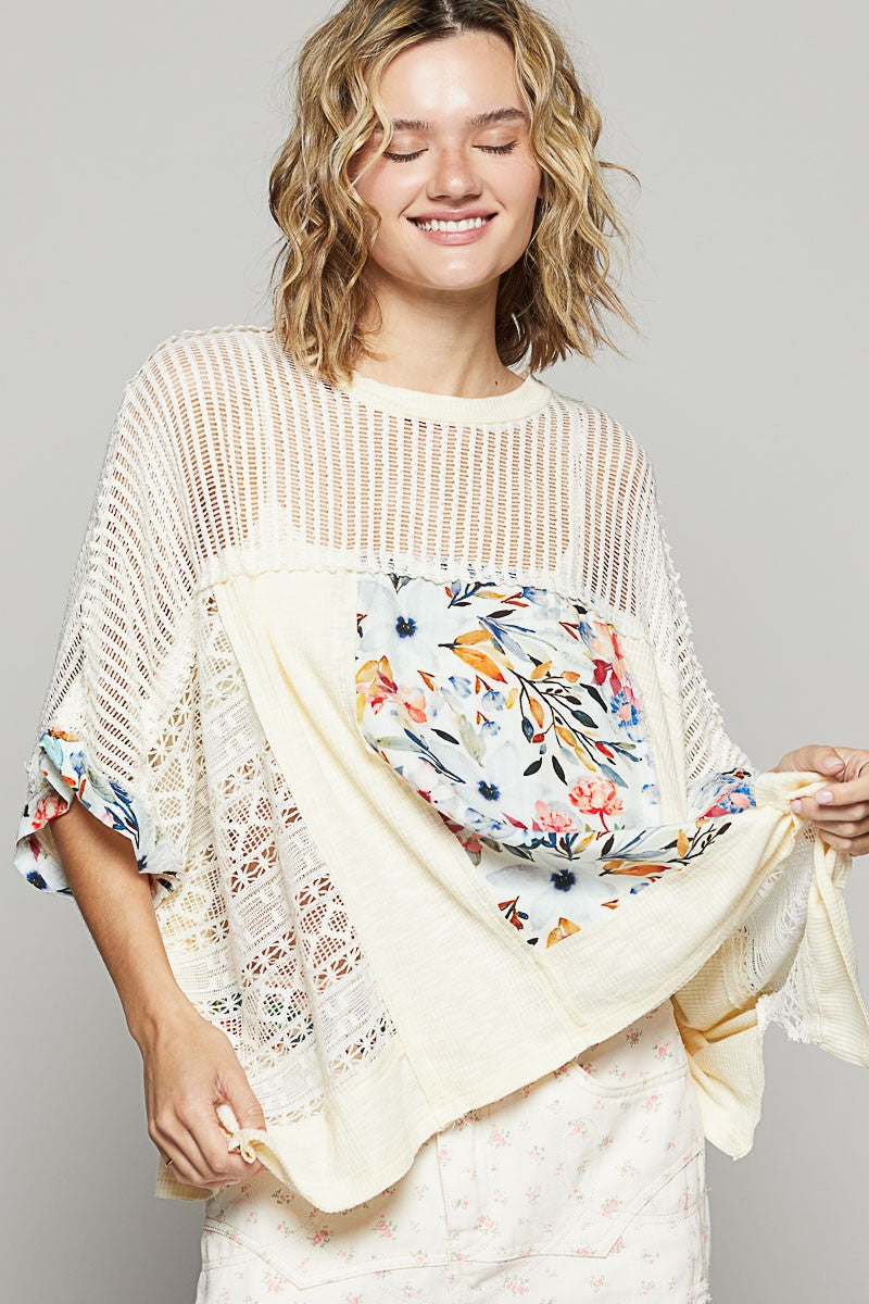 Women’s Hollow Out Floral Knit Half Sleeve Top – Chic & Breezy with Elegant Lace Detail