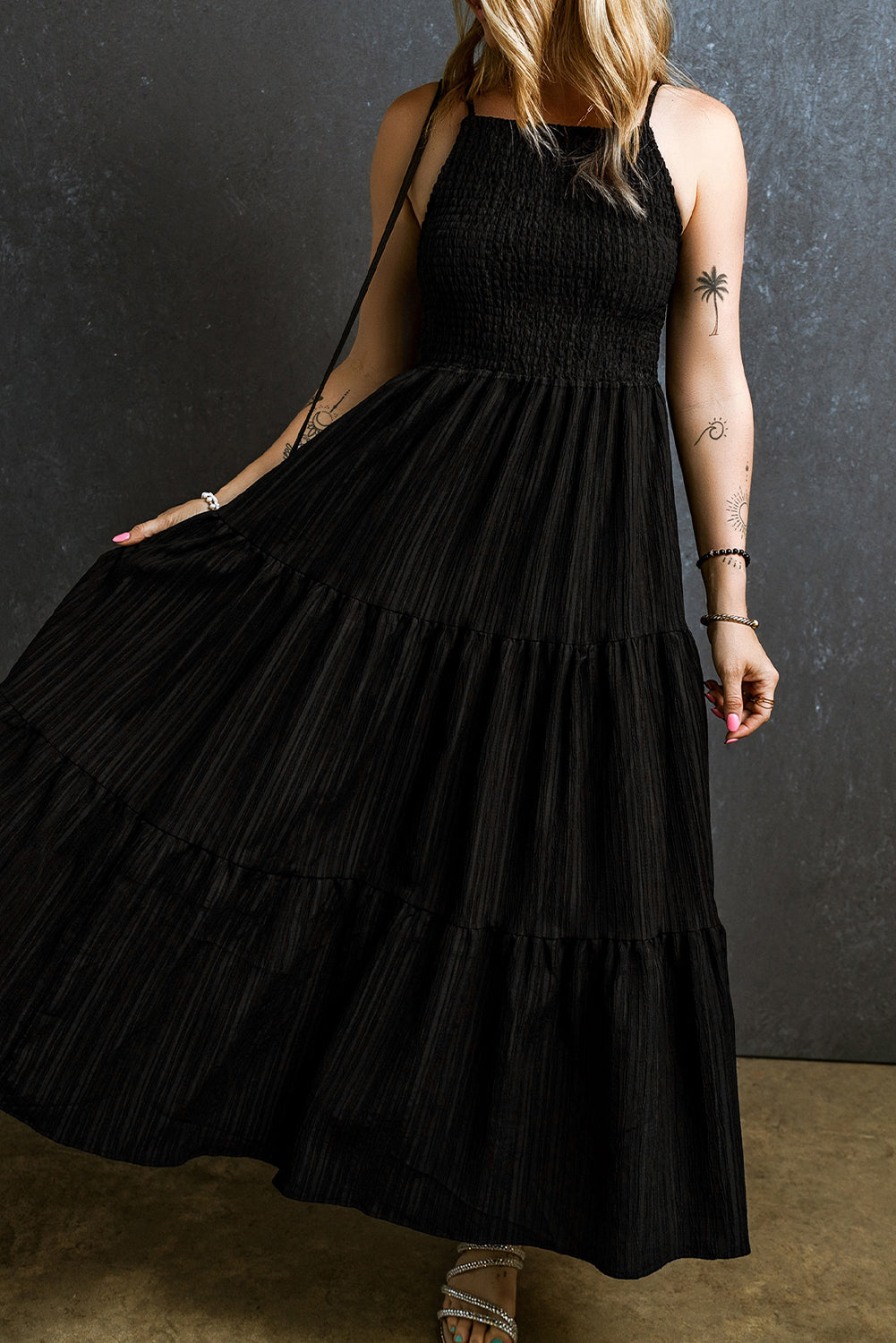 Spaghetti Straps Pleated Tiered Maxi Dress