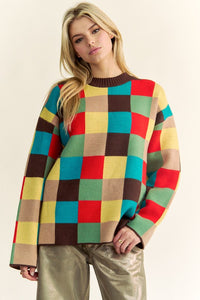 Color Block Checkered Dropped Shoulder Sweater – Trendy and Cozy Knit