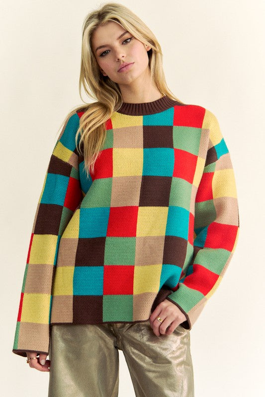 Color Block Checkered Dropped Shoulder Sweater – Trendy and Cozy Knit