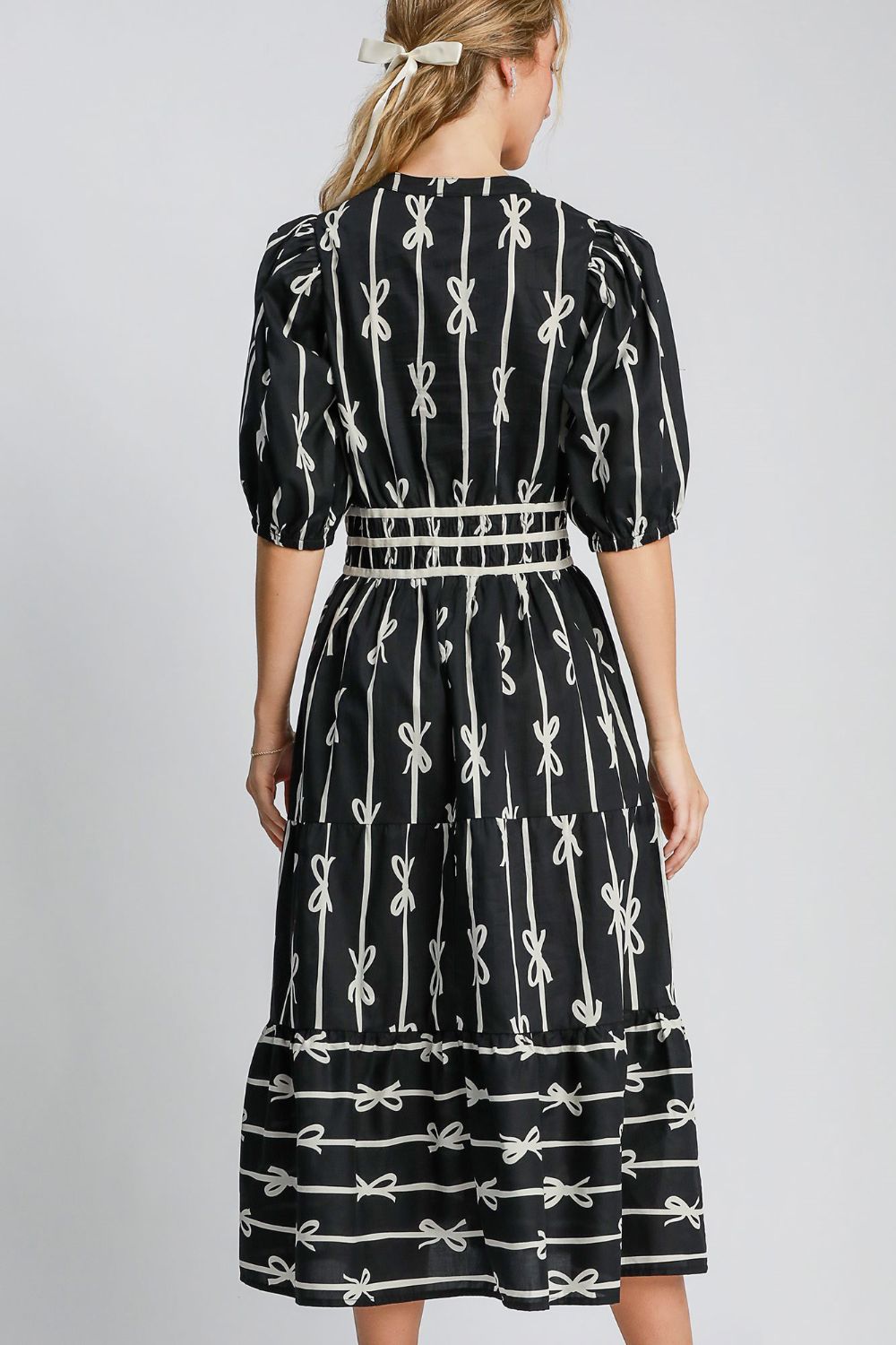 Women's Bow Tie Print Notched Neck Midi Dress with Velvet Trim