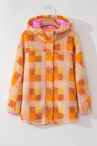 Checkered Long Sleeve Sherpa Hooded Jacket – Cozy & Stylish