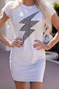 Gray Distressed Leopard Lightening Graphic T-shirt Dress