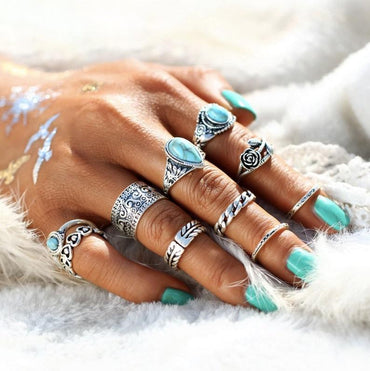 Boho-Chic 10-Piece Turquoise & Alloy Ring Set – Vintage Style Jewelry