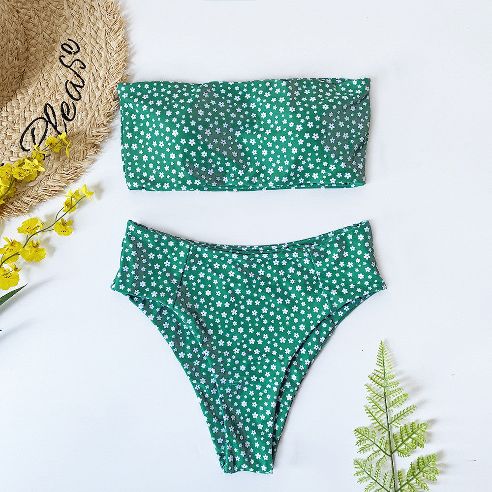 Green Floral Bandeau High-Waisted Bikini Set