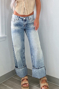 Cuffed Wide-Leg Washed Jeans – No Stretch, Classic Denim Look