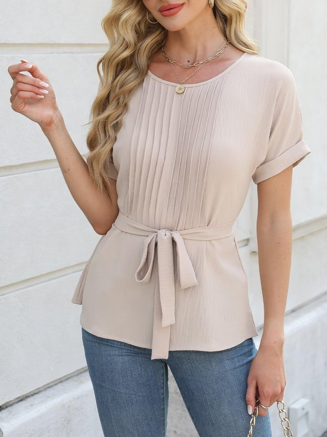 Women’s Ruched Tie-Waist Blouse – Elegant & Flattering Short Sleeve Top