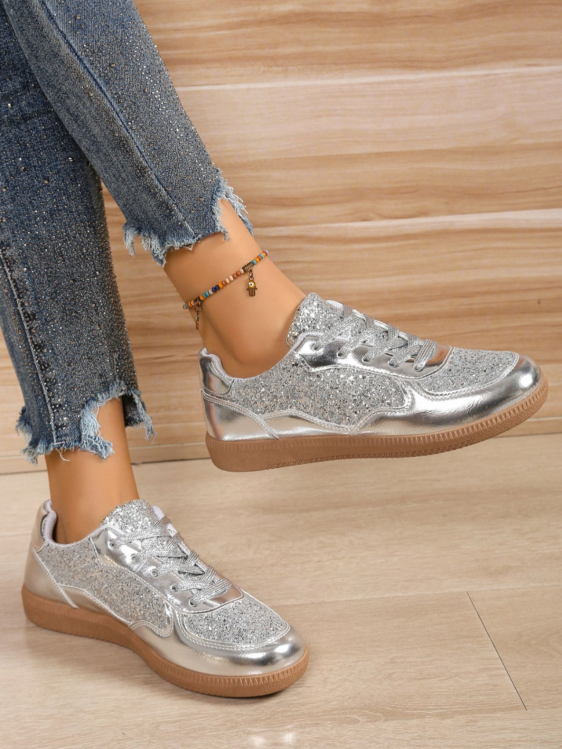 Glam Sequin PU Leather Sneakers – Lightweight Lace-Up Shoes