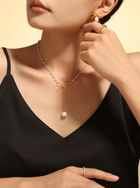 Dainty Bow and Pearl Pendant Necklace – 18K Gold-Plated Elegance