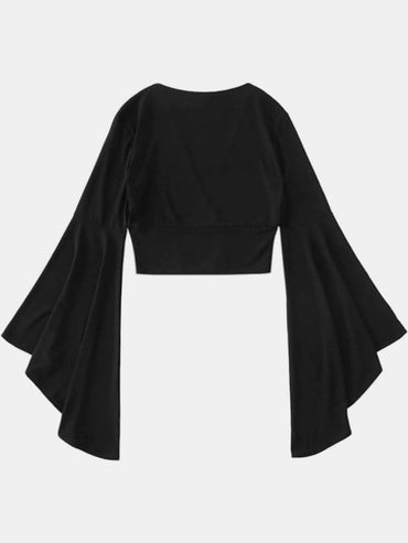 Surplice V-Neck Cropped Top with Ruffled Bell Sleeves – Slightly Stretchy