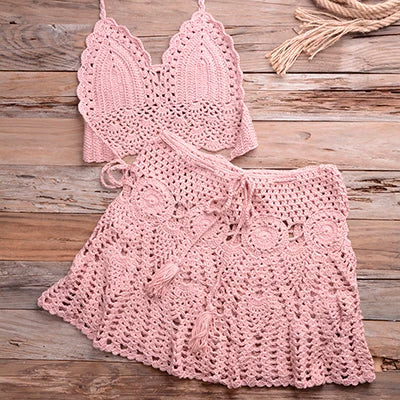 Crochet Halter Top and Skirt Set - Women's Boho Beachwear