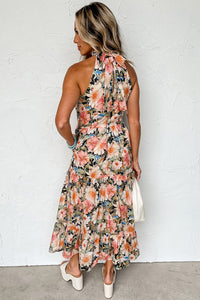 Boho Floral Print Knotted Halter Ruffled Maxi Dress