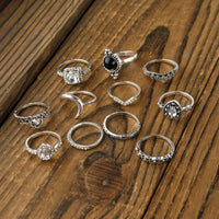 Vintage Silver-Tone 11-Piece Stacking Ring Set with Synthetic Crystals