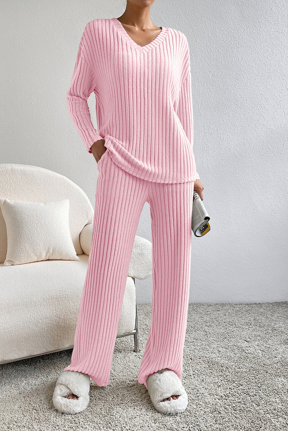 Ribbed V-Neck Top & Pants Lounge Set