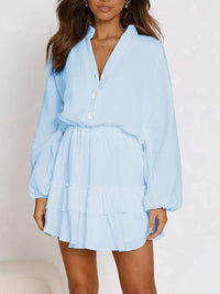 Women’s Buttoned Ruffled Mini Dress – Elegant & Flowy with Long Sleeves