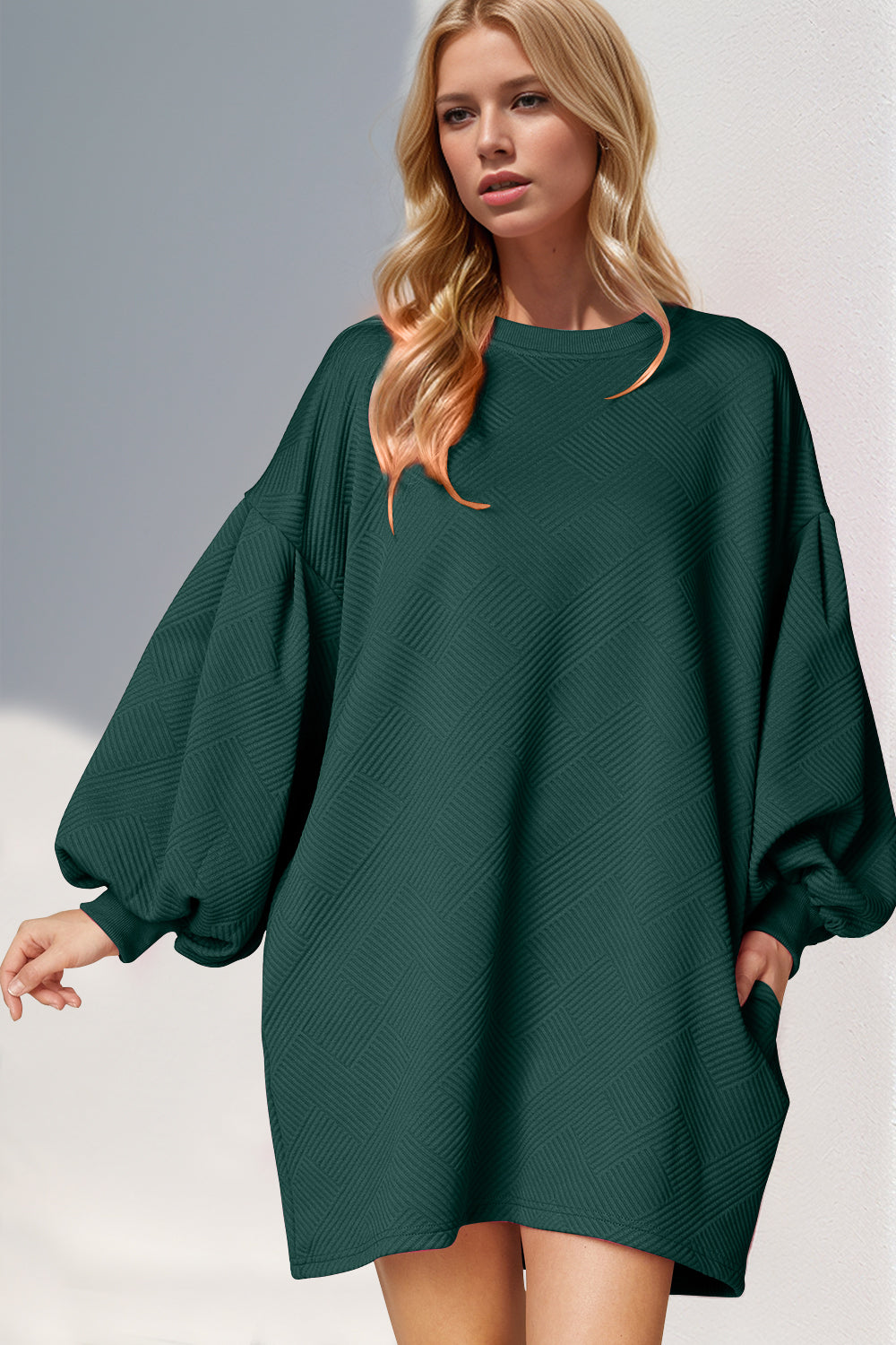 Women’s Pocketed Long Sleeve Dress – Relaxed Fit with Balloon Sleeves