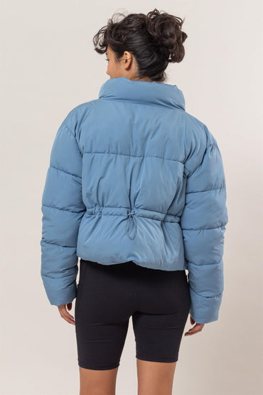 Quilted Gray Blue Puffer Jacket with Stand Collar & Pockets – Cozy & Stylish Outerwear