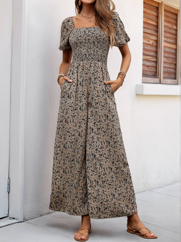 Women’s Smocked Floral Wide-Leg Jumpsuit – Pocketed & Flowy