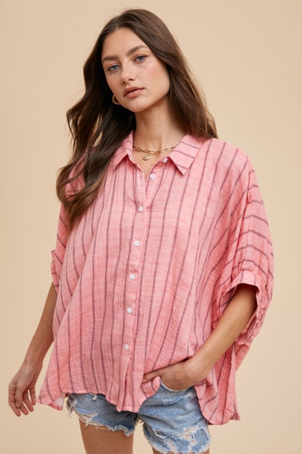 Striped High-Low Button-Up Half Sleeve Shirt