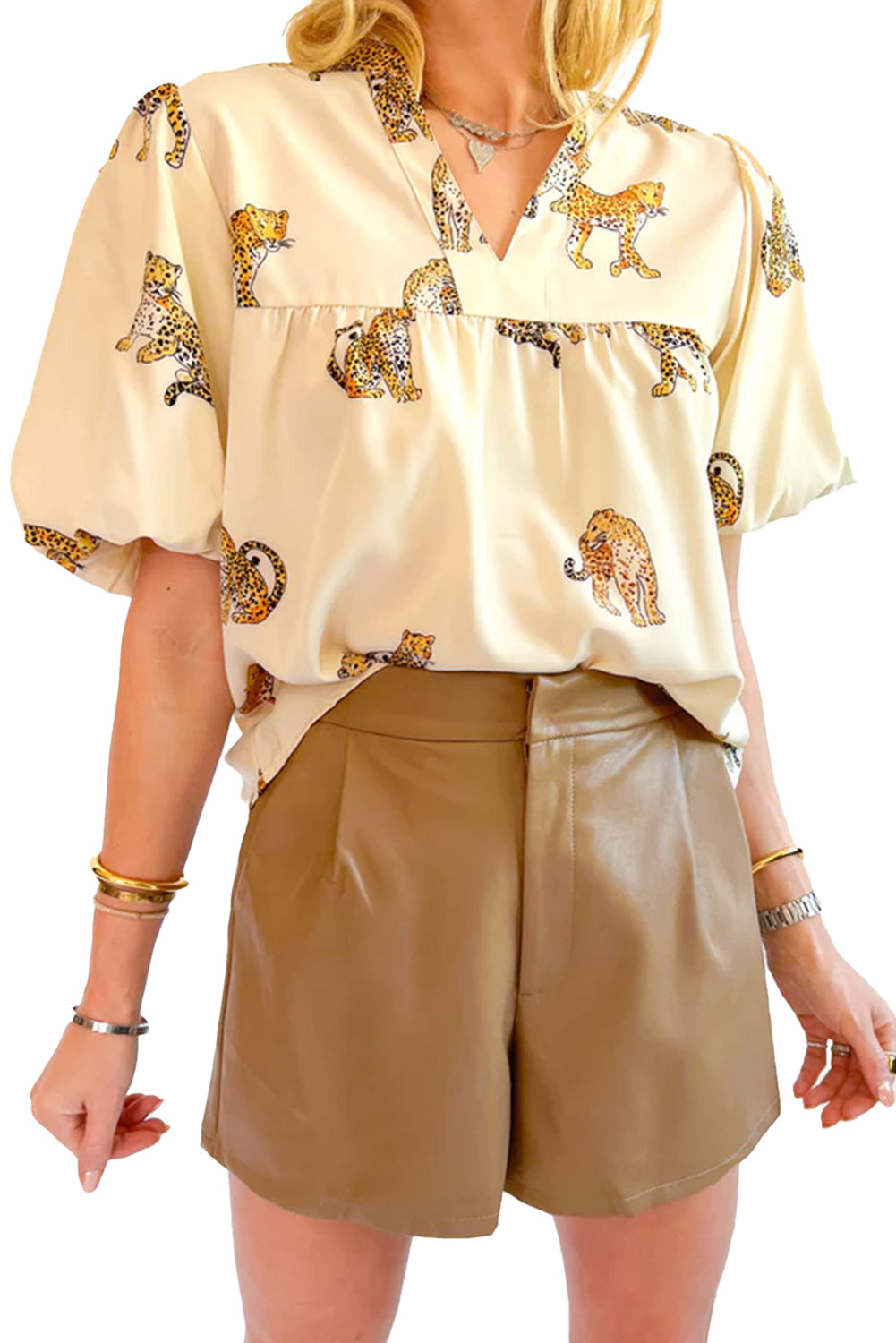 Apricot Cheetah Split Neck Puff Sleeve Blouse