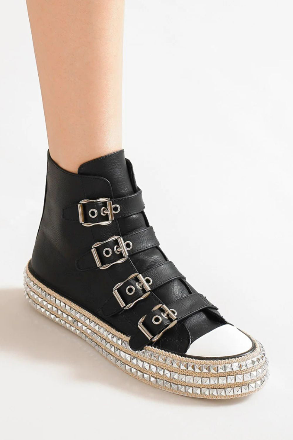 Punk-Inspired Studded Platform Sneakers – Buckle Strap Design