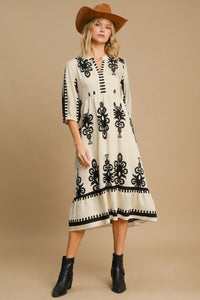 Women’s Printed Notched Neck Midi Dress – Flowy & Versatile Style