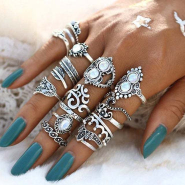 16-Piece Vintage Silver-Tone Stacking Ring Set with Opal & Synthetic Crystals