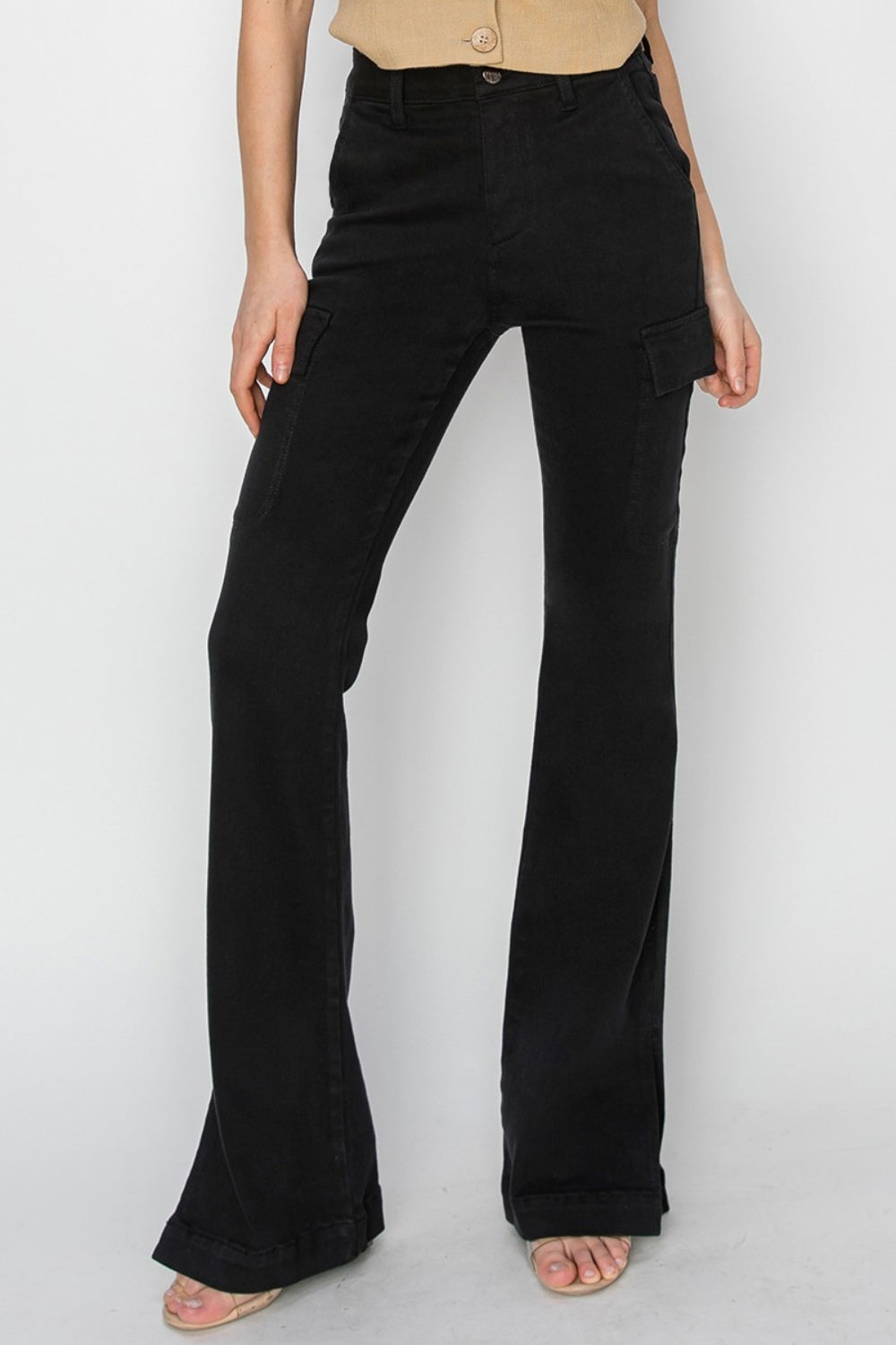 High-Rise Side Slit Cargo Bootcut Jeans – Slight Stretch, Pocketed