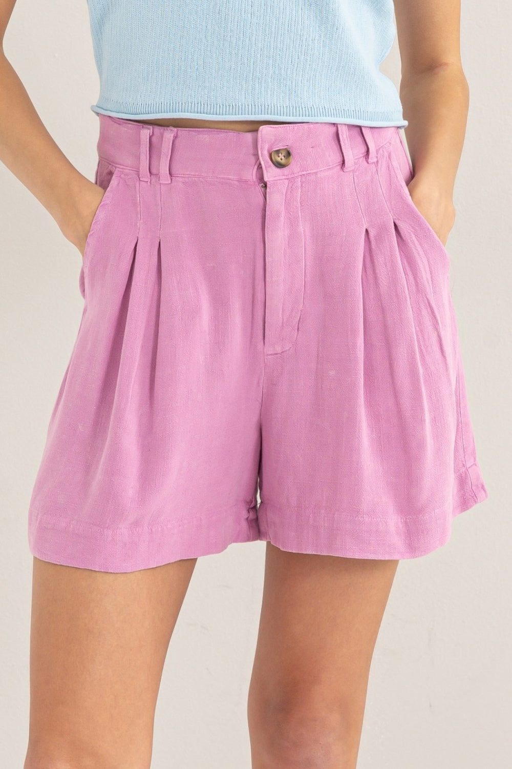 Women's High-Waist Pleated Linen Shorts – Mineral Wash Finish