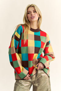 Color Block Checkered Dropped Shoulder Sweater – Trendy and Cozy Knit