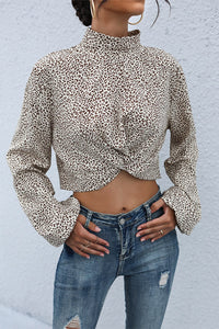 Leopard Print Cropped Top with Mock Neck & Balloon Sleeves