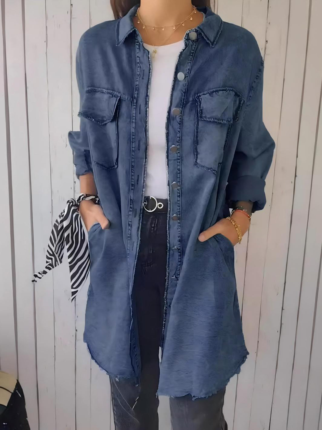 Women’s Long Denim Shacket with Raw Hem – Buttoned & Pocketed Oversized Fit