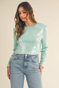 Shoulder-Padded Sequin Crop Top – Bold & Glamorous