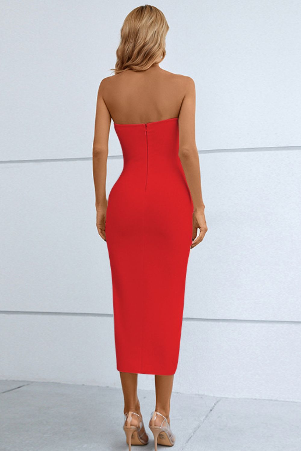 Women's Chic Sweetheart Neck Midi Dress with Tie & Split – Red or White