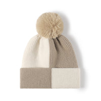 Color Block Pom-Pom Beanie – Faux Rabbit Fur Lined Winter Hat