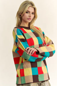 Color Block Checkered Dropped Shoulder Sweater – Trendy and Cozy Knit