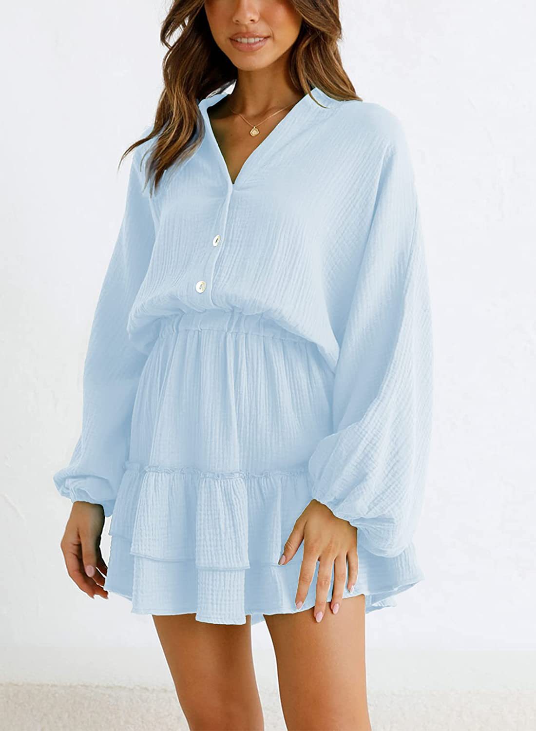 Women’s Buttoned Ruffled Mini Dress – Elegant & Flowy with Long Sleeves