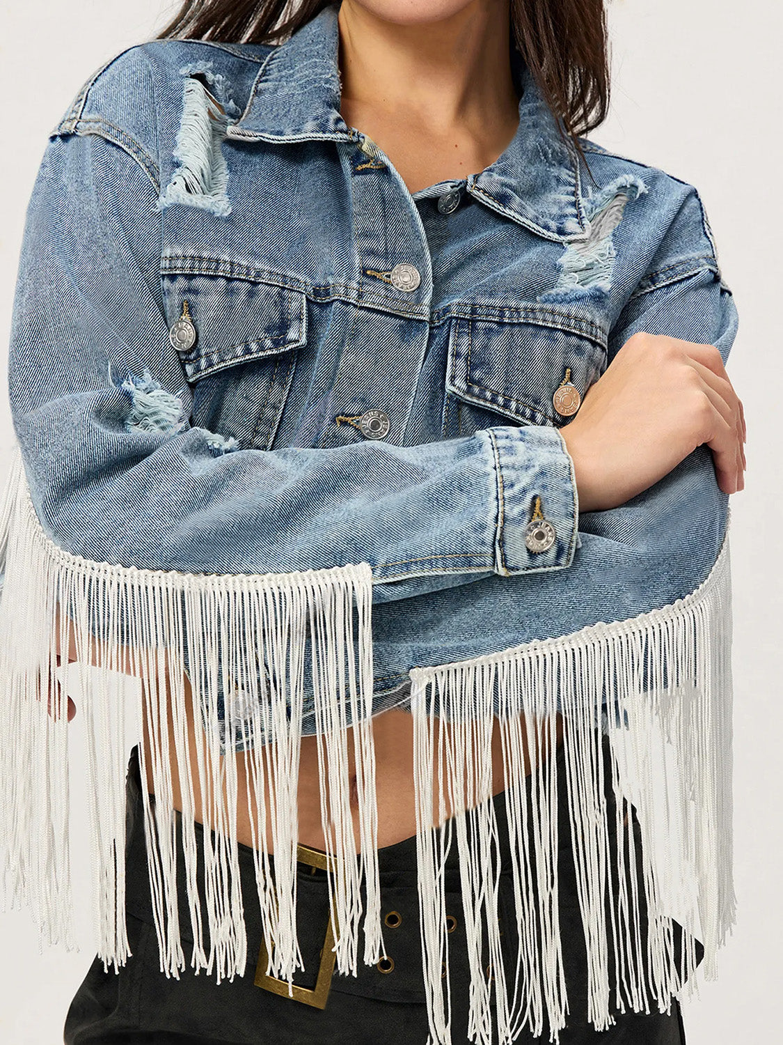 Distressed Denim Jacket with Fringe Detailing – Cropped Button-Up